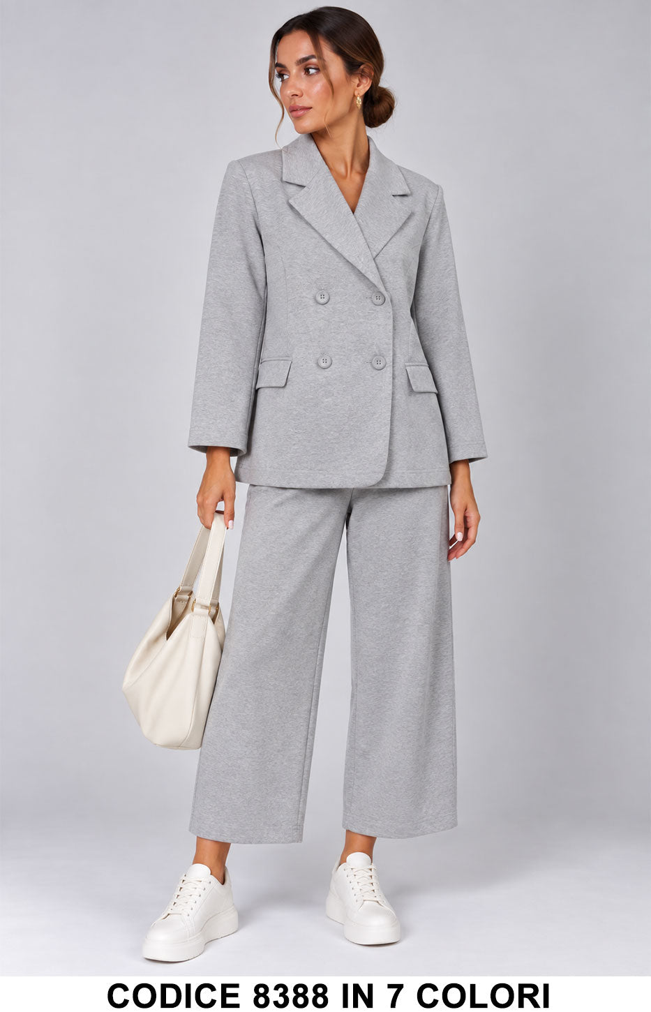 Tailleur Donna Doppiopetto con Pantalone Palazzo Cropped Completo Casual Chic in 6 Colori – 8388