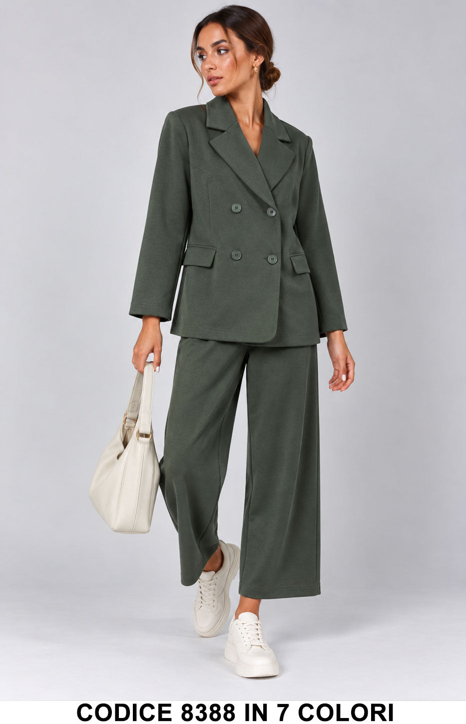 Tailleur Donna Doppiopetto con Pantalone Palazzo Cropped Completo Casual Chic in 6 Colori – 8388