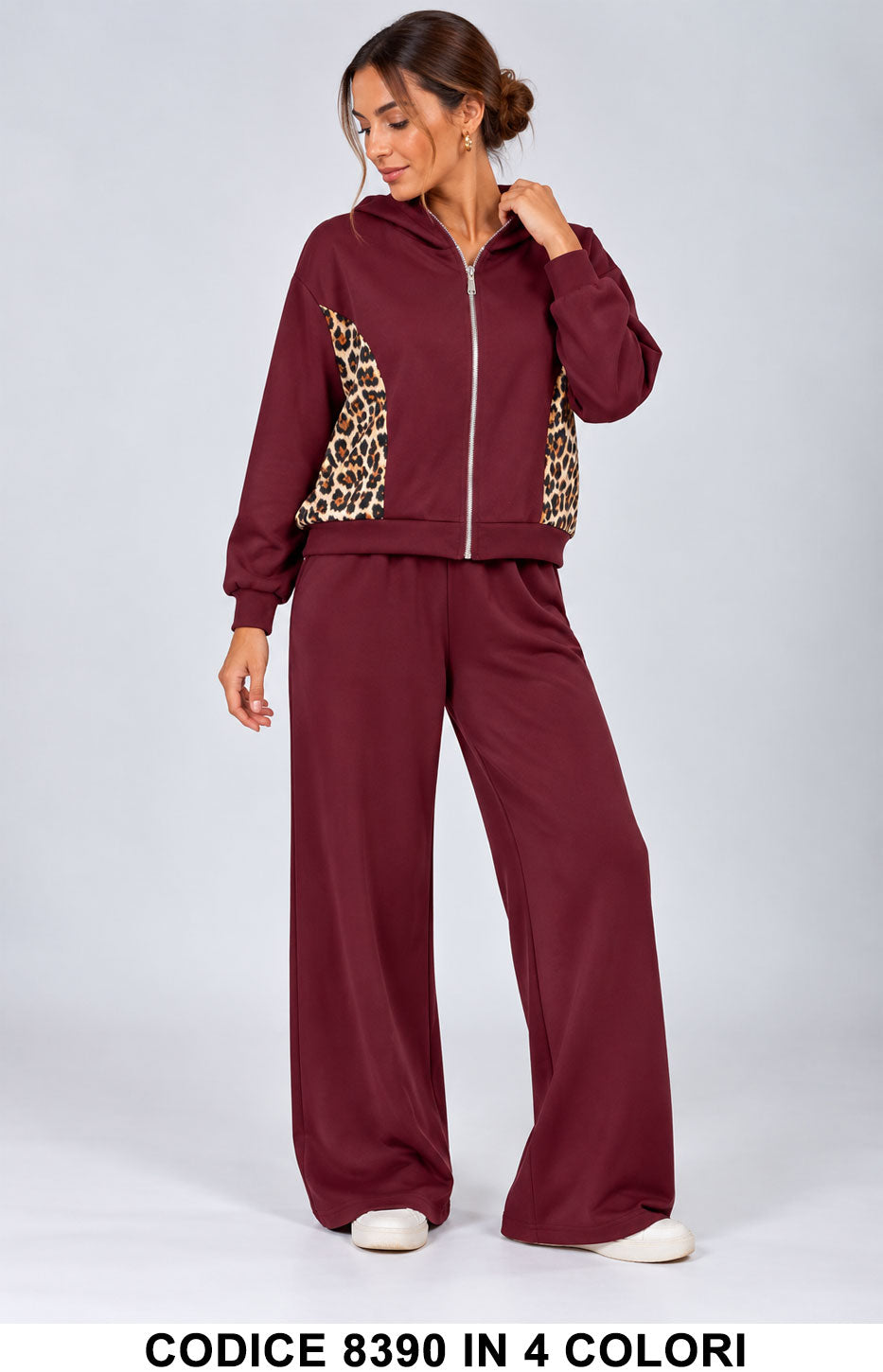 Tuta Completo Donna con Felpa Animalier e Pantalone Palazzo Completo Chic in 4 Colori – 8390