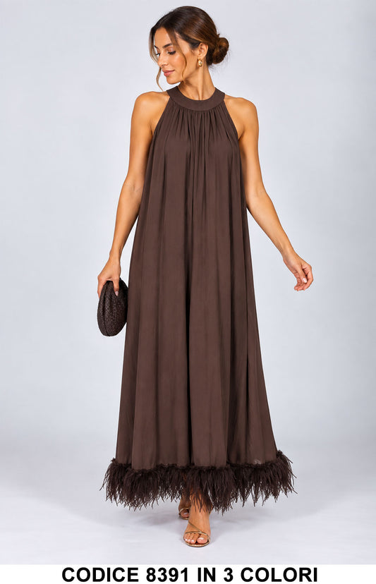 Abito Lungo Elegante con bordatura di piume sul fondo Vestito Cerimonia Evento in 3 Colori – 8391