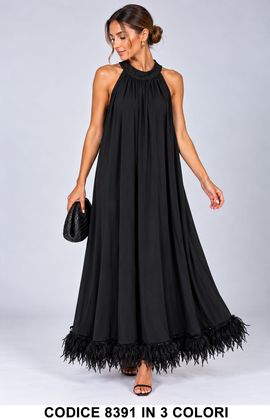 Abito Lungo Elegante con bordatura di piume sul fondo Vestito Cerimonia Evento in 3 Colori – 8391