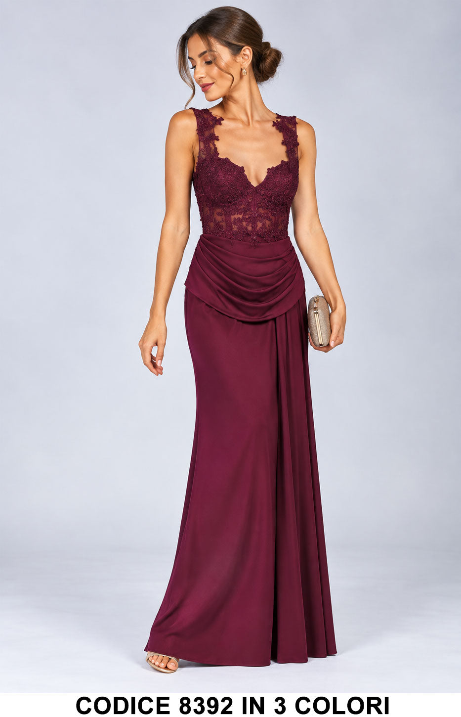 Abito Lungo Cerimonia in Pizzo ricamato con Schiena Scoperta Vestito con drappeggio in 3 Colori – 8392