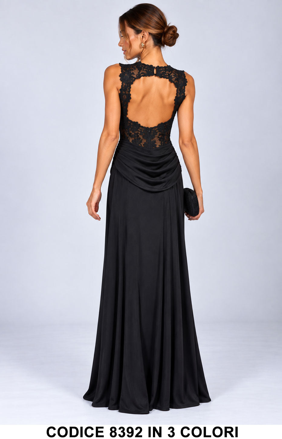 Abito Lungo Cerimonia in Pizzo ricamato con Schiena Scoperta Vestito con drappeggio in 3 Colori – 8392
