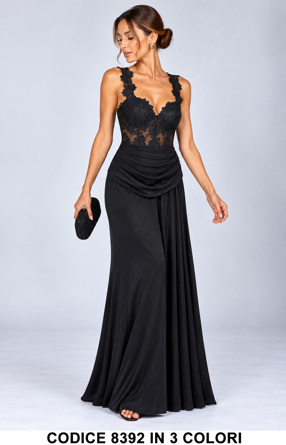 Abito Lungo Cerimonia in Pizzo ricamato con Schiena Scoperta Vestito con drappeggio in 3 Colori – 8392