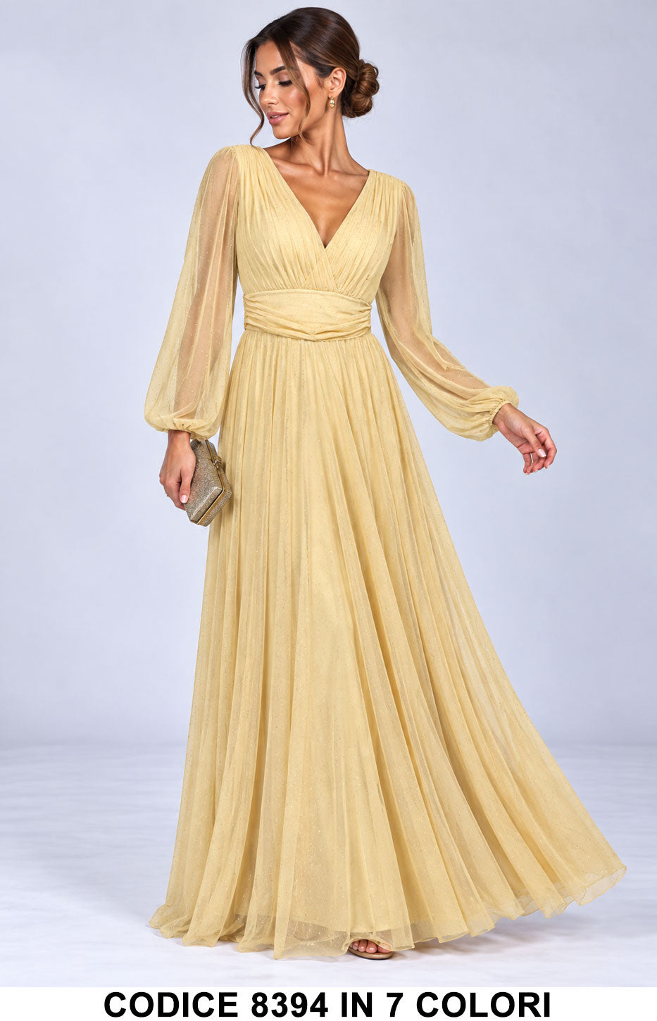Abito Lungo Elegante in Tulle Glitter con Maniche Vestito da cerimonia scollo a V in 7 Colori – 8394