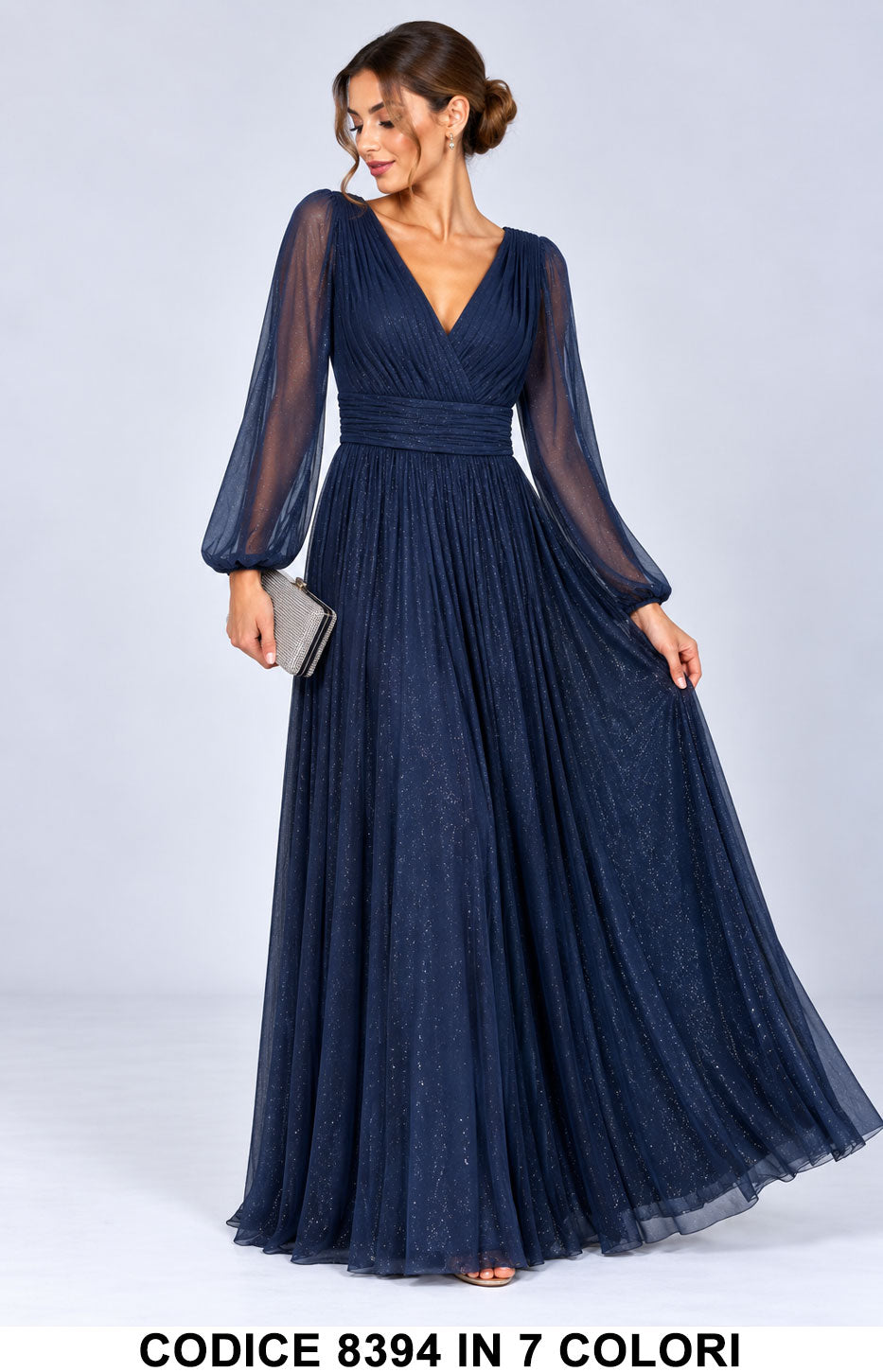 Abito Lungo Elegante in Tulle Glitter con Maniche Vestito da cerimonia scollo a V in 7 Colori – 8394