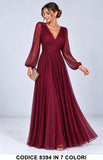 Abito Lungo Elegante in Tulle Glitter con Maniche Vestito da cerimonia scollo a V in 7 Colori – 8394