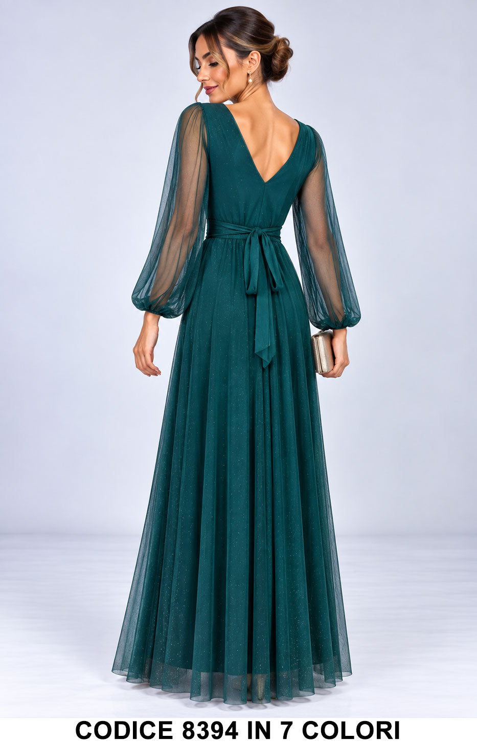 Abito Lungo Elegante in Tulle Glitter con Maniche Vestito da cerimonia scollo a V in 7 Colori – 8394