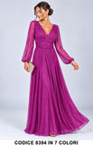 Abito Lungo Elegante in Tulle Glitter con Maniche Vestito da cerimonia scollo a V in 7 Colori – 8394