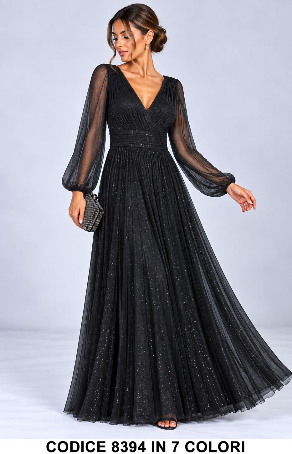 Abito Lungo Elegante in Tulle Glitter con Maniche Vestito da cerimonia scollo a V in 7 Colori – 8394