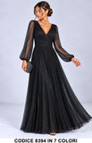 Abito Lungo Elegante in Tulle Glitter con Maniche Vestito da cerimonia scollo a V in 7 Colori – 8394