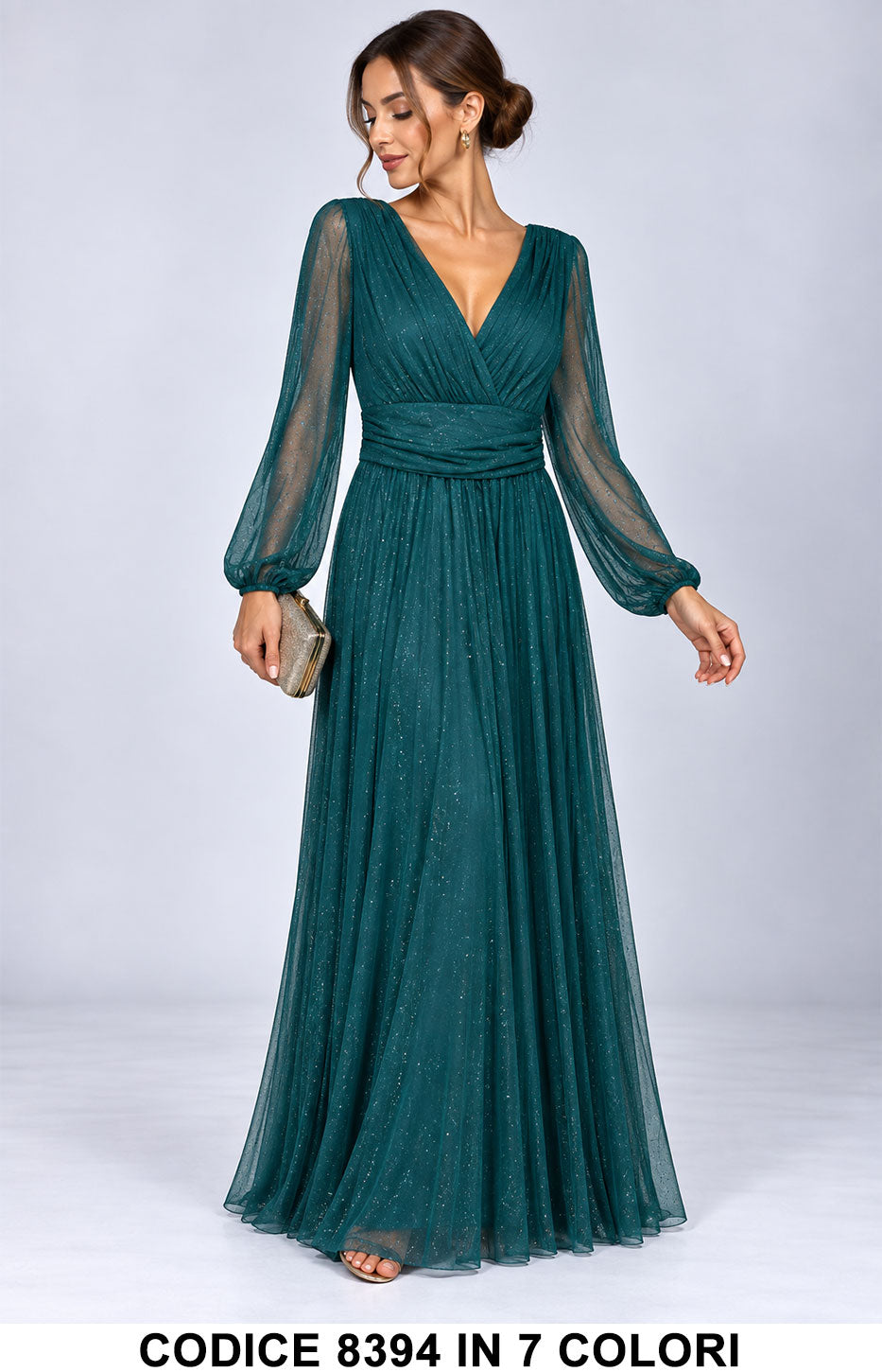Abito Lungo Elegante in Tulle Glitter con Maniche Vestito da cerimonia scollo a V in 7 Colori – 8394