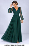 Abito Lungo Elegante in Tulle Glitter con Maniche Vestito da cerimonia scollo a V in 7 Colori – 8394