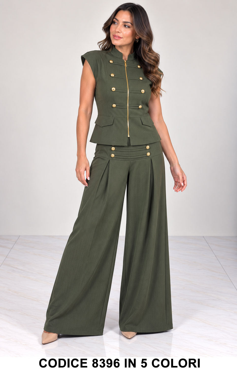 Completo Gilet strutturato smanicato e Pantalone Palazzo con Bottoni Oro stile militare in 5 Colori – 8396