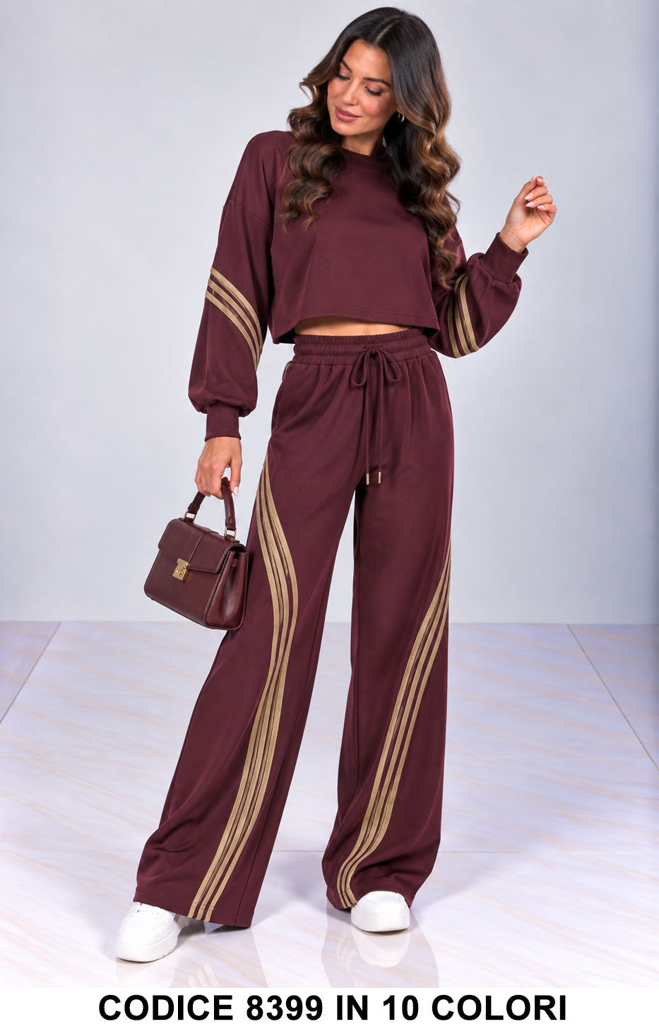 Completo Donna Sportivo Chic Crop e Pantalone Palazzo con Bande Tuta Sportiva in 10 Colori – 8399
