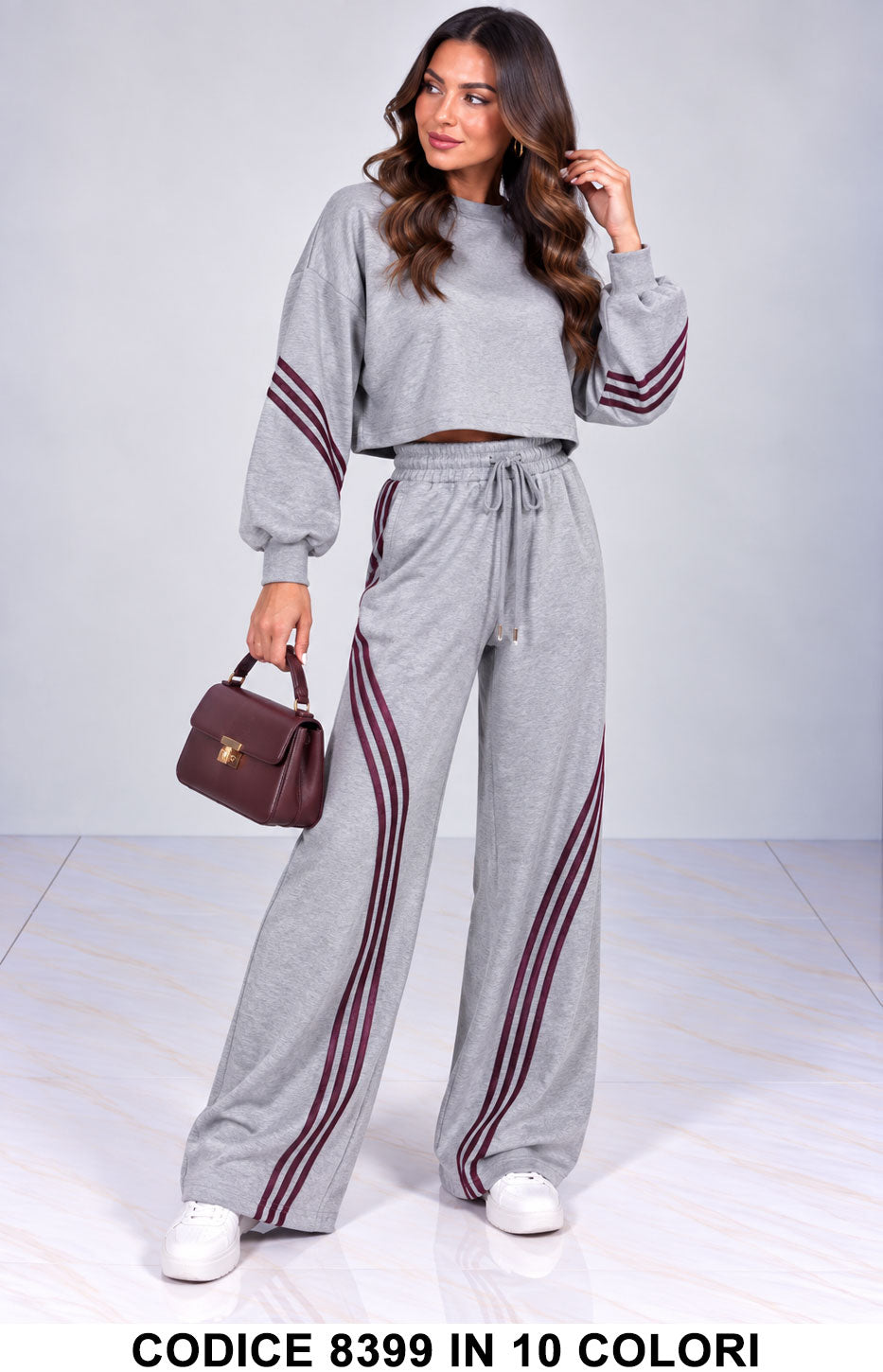 Completo Donna Sportivo Chic Crop e Pantalone Palazzo con Bande Tuta Sportiva in 10 Colori – 8399