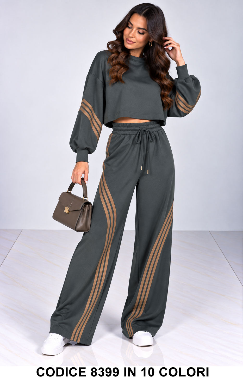 Completo Donna Sportivo Chic Crop e Pantalone Palazzo con Bande Tuta Sportiva in 10 Colori – 8399