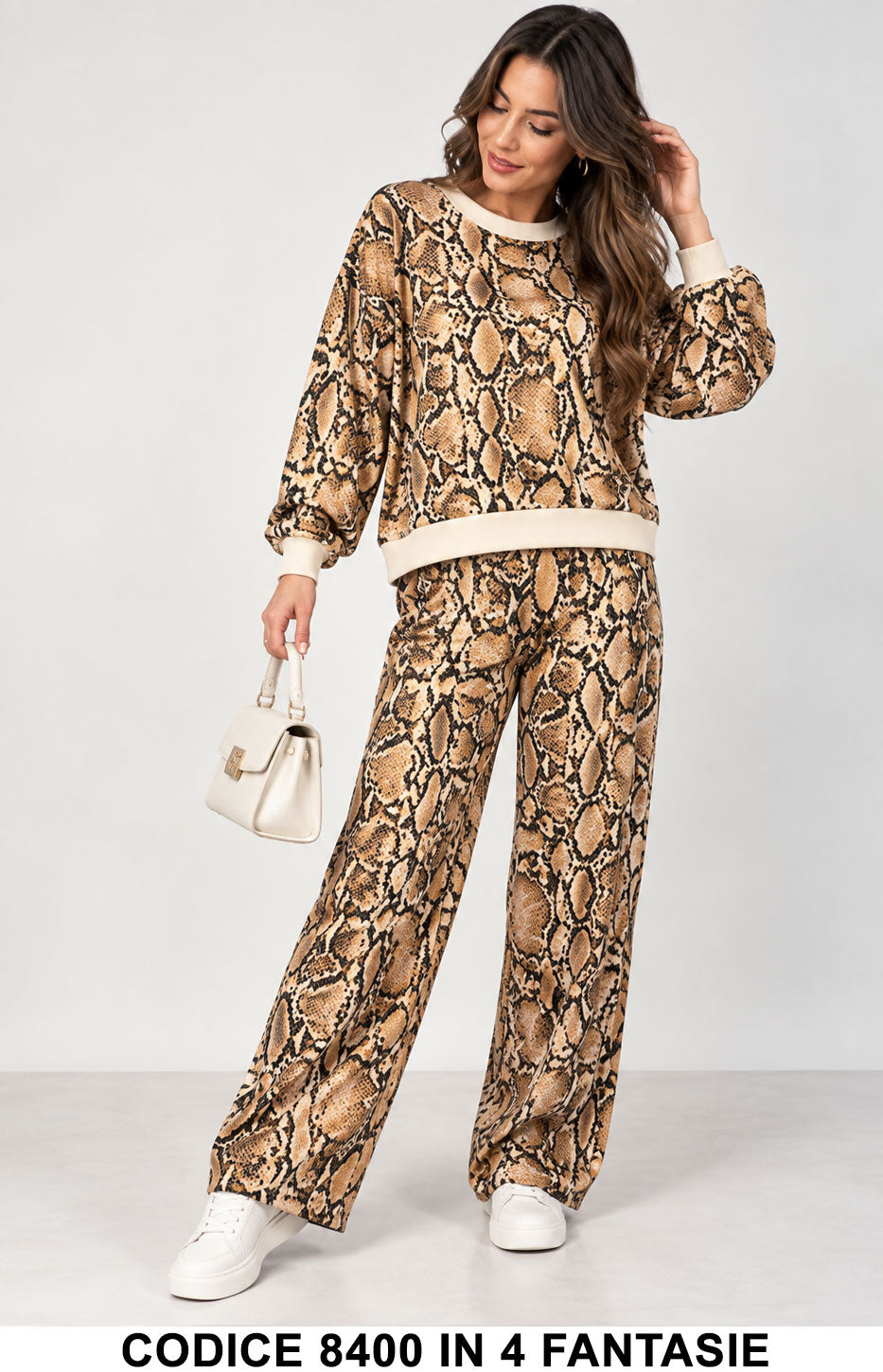 Completo Donna Animalier Felpa girocollo con Pantalone Palazzo Tuta Sportiva in 4 Fantasie – 8400