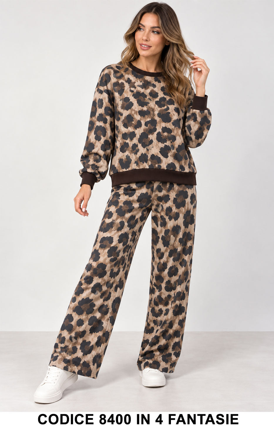 Completo Donna Animalier Felpa girocollo con Pantalone Palazzo Tuta Sportiva in 4 Fantasie – 8400