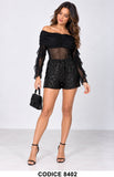 Completo 2 Pezzi Nero con Body in Tulle e Pantaloncino Shorts Paillettes Coordinato Elegante – 8402