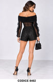 Completo 2 Pezzi Nero con Body in Tulle e Pantaloncino Shorts Paillettes Coordinato Elegante – 8402