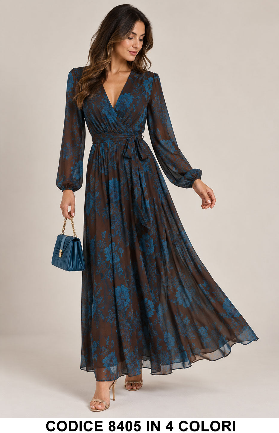 Abito Lungo Floreale con Cintura Maniche Palloncino Vestito Elegante Casual in 4 Colori – 8405
