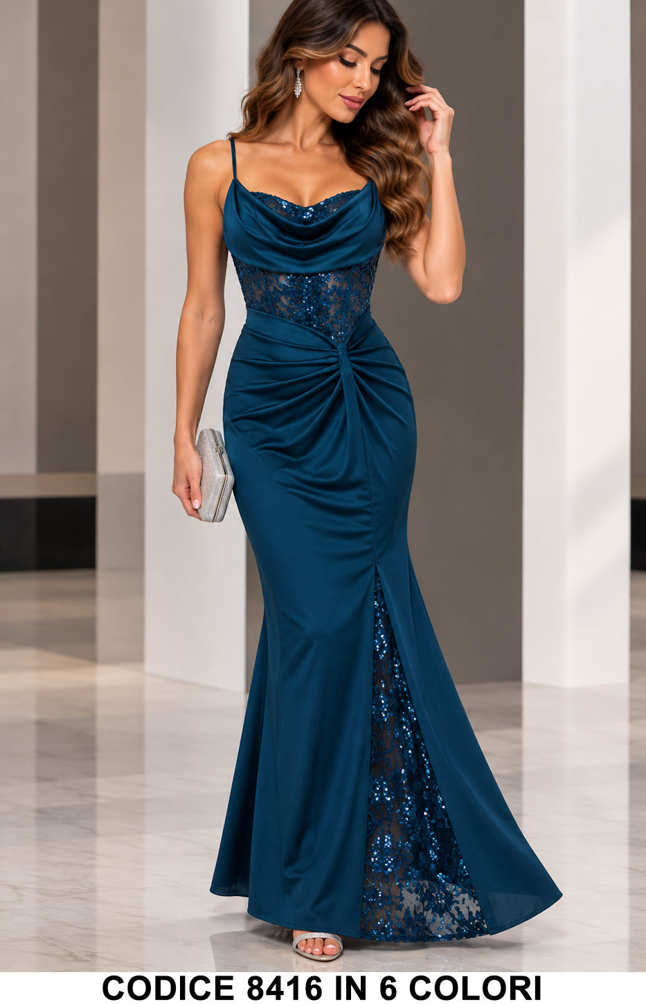 Abito Lungo Elegante a Sirena con Paillettes inserto in tulle ricamato Vestito Cerimonia in 6 Colori – 8416