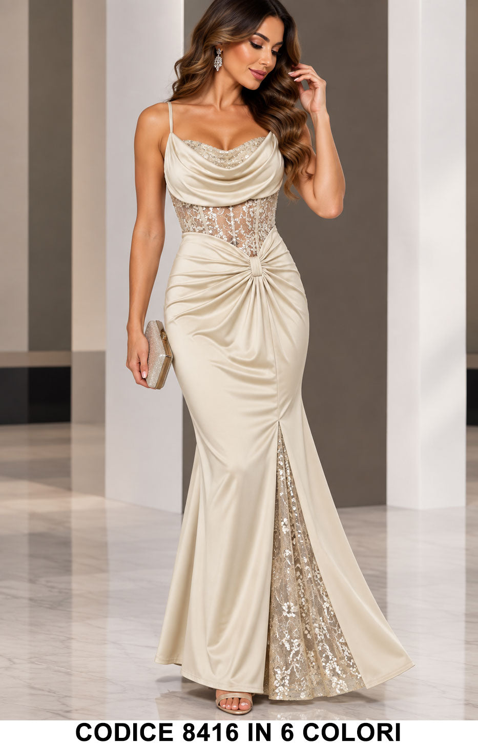 Abito Lungo Elegante a Sirena con Paillettes inserto in tulle ricamato Vestito Cerimonia in 6 Colori – 8416
