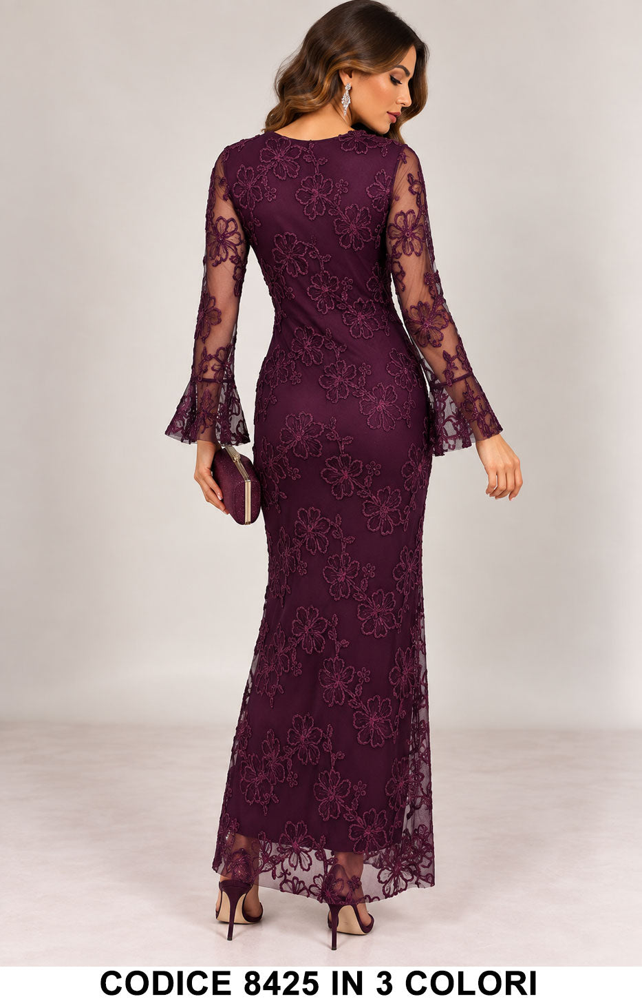 Abito Lungo Elegante in Pizzo Ricamato Vestito da Cerimonia con Drappeggio in 3 Colori – 8425