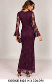 Abito Lungo Elegante in Pizzo Ricamato Vestito da Cerimonia con Drappeggio in 3 Colori – 8425