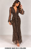 Abito Lungo Elegante in Pizzo Ricamato Vestito da Cerimonia con Drappeggio in 3 Colori – 8425