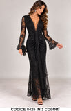 Abito Lungo Elegante in Pizzo Ricamato Vestito da Cerimonia con Drappeggio in 3 Colori – 8425