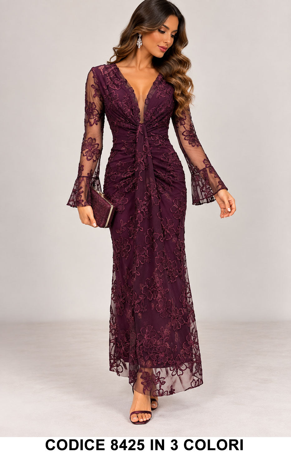 Abito Lungo Elegante in Pizzo Ricamato Vestito da Cerimonia con Drappeggio in 3 Colori – 8425