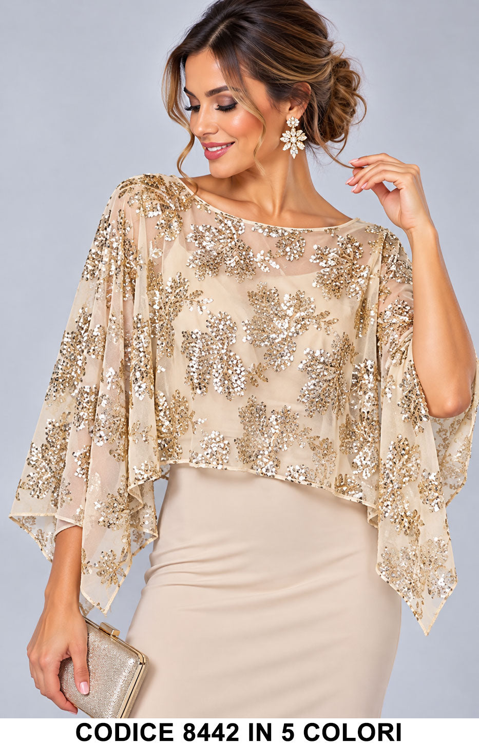 Coprispalla Elegante in Tulle Ricamato floreale con Paillettes da Cerimonia in 5 Colori – 8442
