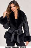 Giacca Donna in eco Pelle con Pelliccia Giubbotto Collo a Scialle Morbido con Cintura in 5 Colori – 8444