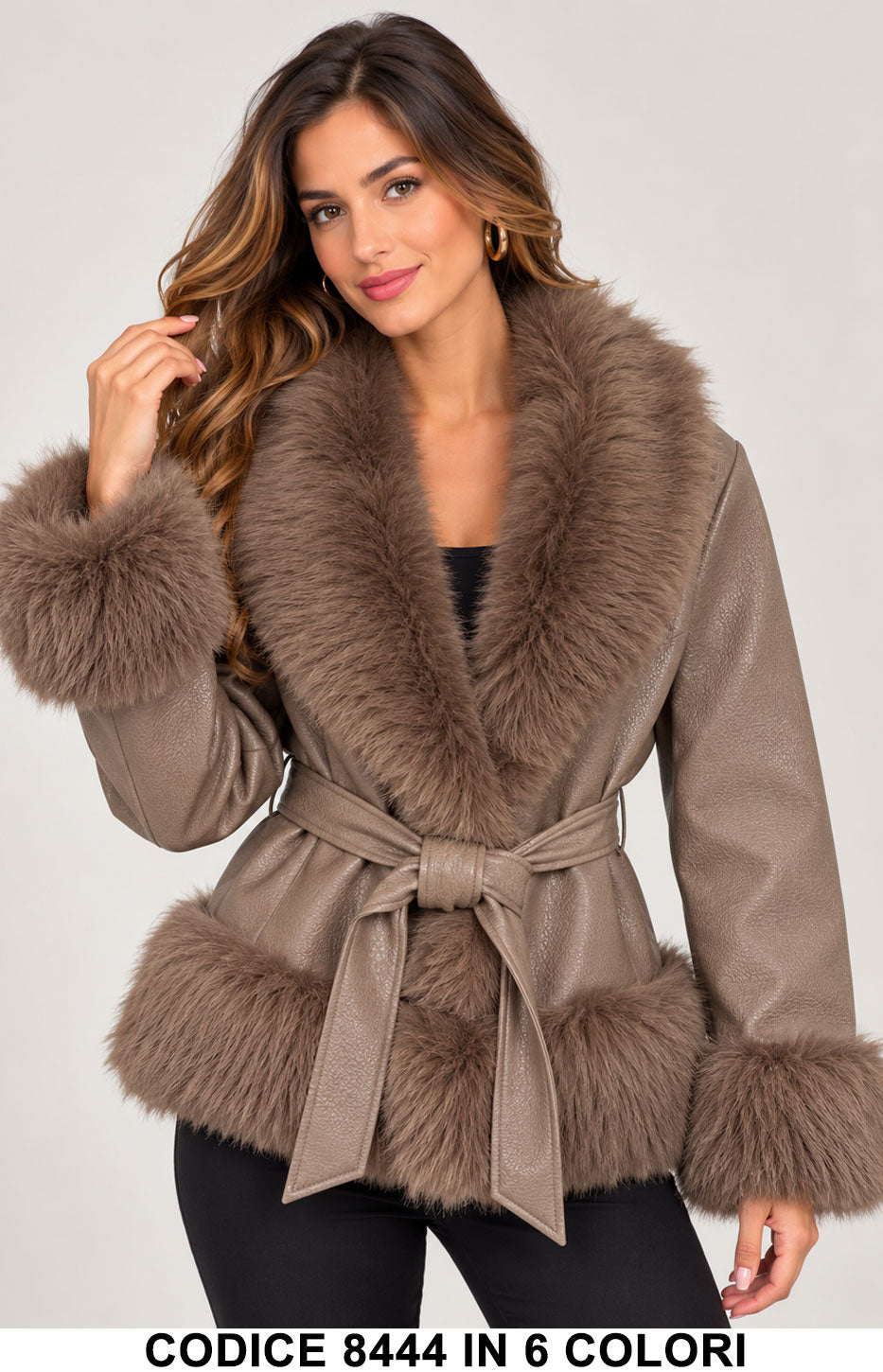 Giacca Donna in eco Pelle con Pelliccia Giubbotto Collo a Scialle Morbido con Cintura in 5 Colori – 8444