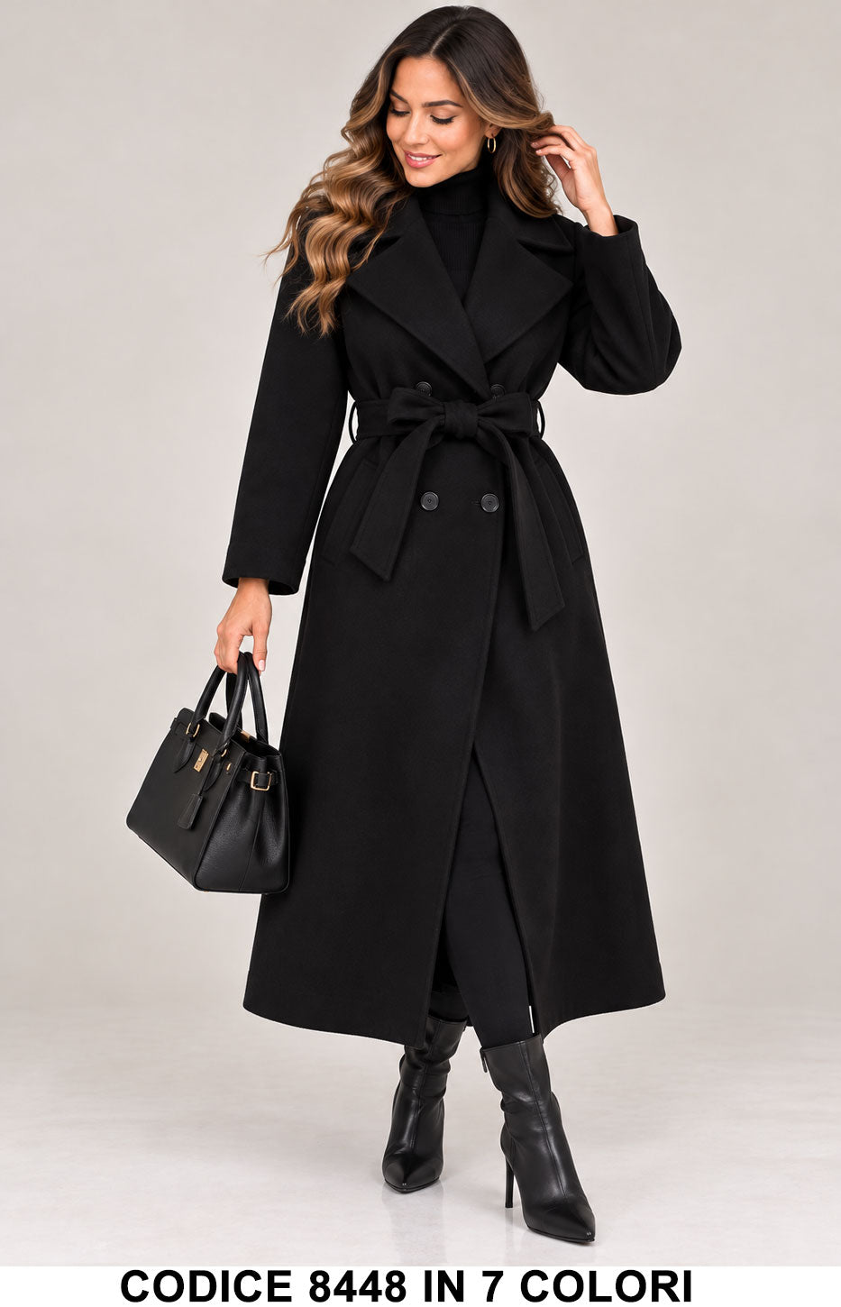 Cappotto Lungo Donna Doppiopetto con Cintura collo con revers elegante e versatile in 7 Colori – 8448