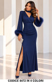 Abito lungo elegante 8472 Blu notte con piume e spacco