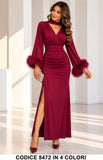 Abito lungo elegante 8472 Bordeaux con piume e spacco