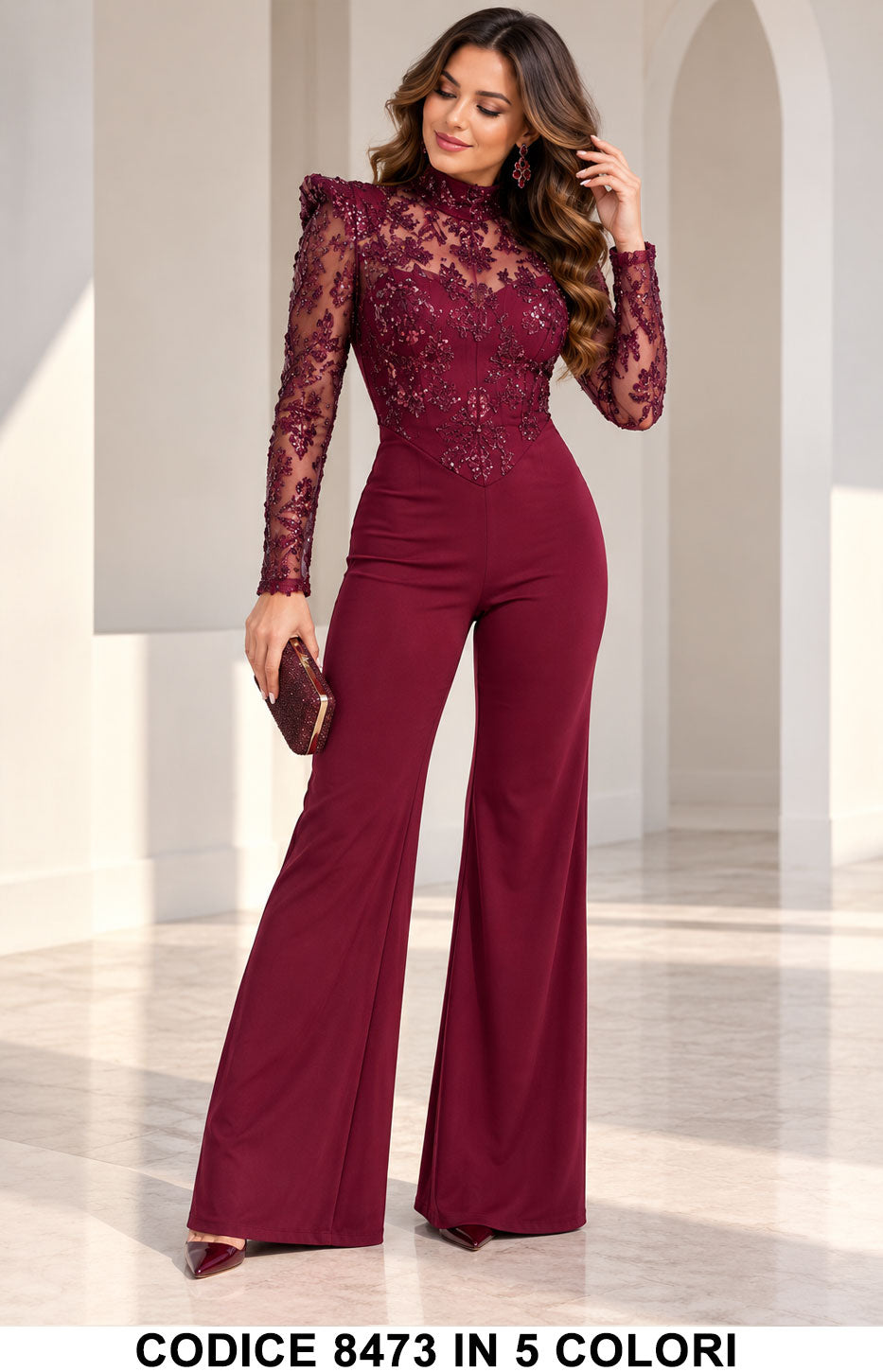 Tuta elegante 8473 Bordeaux con ricami floreali e pantaloni palazzo