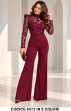 Tuta elegante 8473 Bordeaux con ricami floreali e pantaloni palazzo