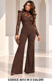 Tuta elegante 8473 Marrone con ricami floreali e pantaloni palazzo