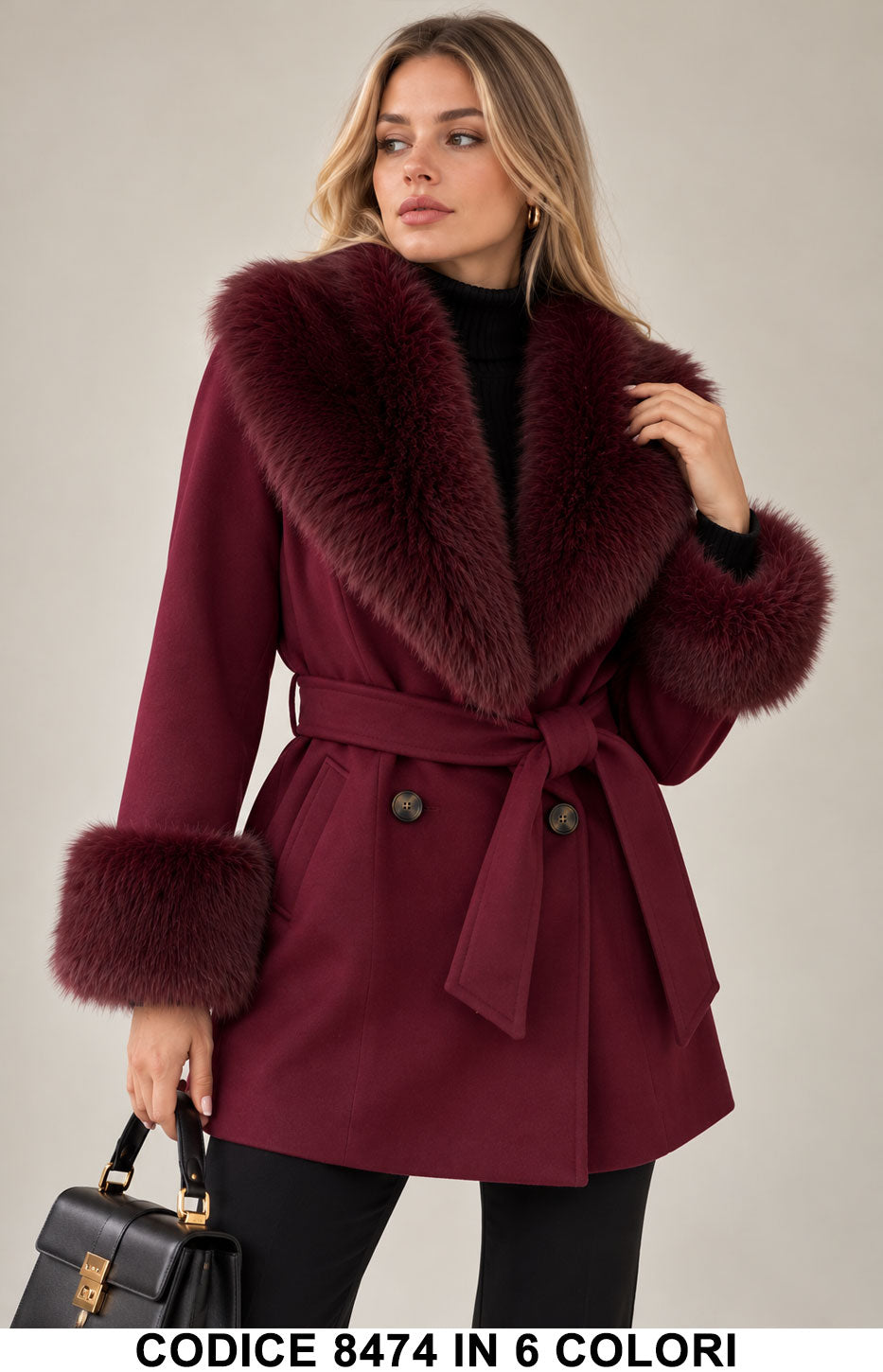 Cappotto donna 8474 Bordeaux con collo e polsini effetto pelliccia