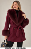 Cappotto donna 8474 Bordeaux con collo e polsini effetto pelliccia