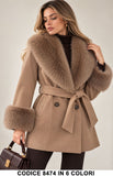Cappotto donna 8474 Cammello con collo e polsini effetto pelliccia