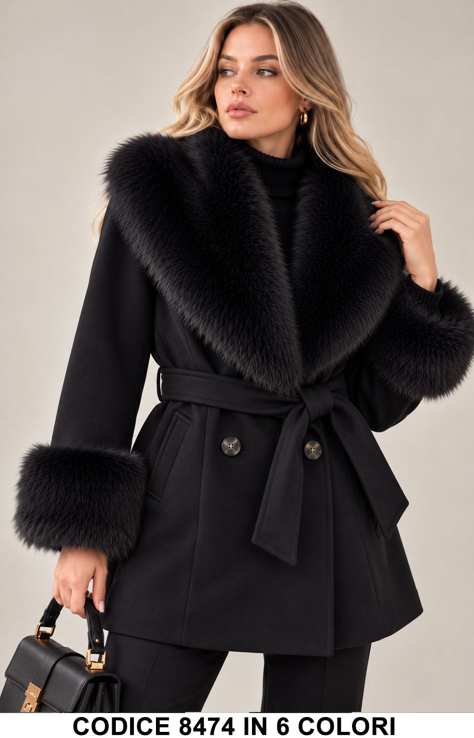 Cappotto donna 8474 Nero con collo e polsini effetto pelliccia