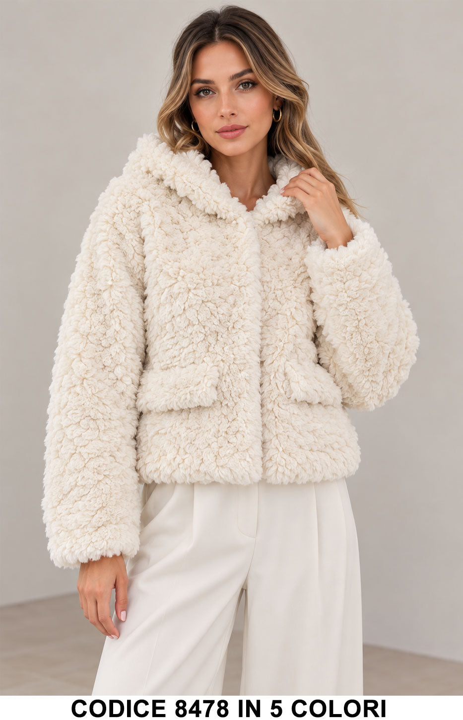 Giubbotto teddy donna 8478 Bianco effetto pelliccia