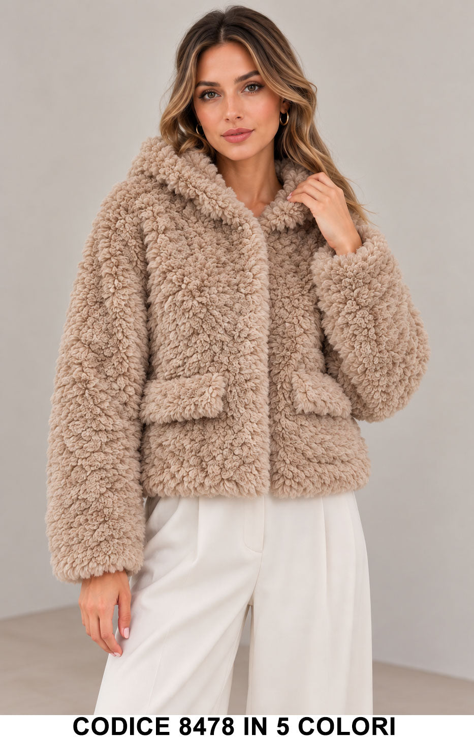 Giubbotto teddy donna 8478 Tortora effetto pelliccia
