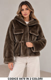 Giubbotto donna 8479 Marrone effetto pelliccia con cappuccio e coulisse