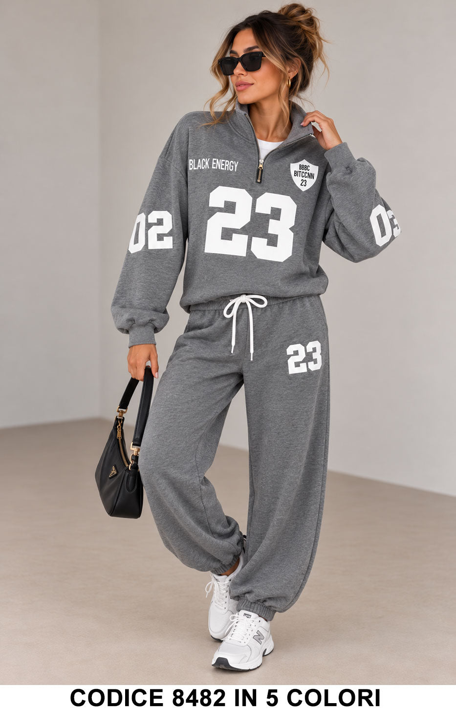 Tuta sportiva donna 8482 Grigio felpa mezza zip e pantaloni jogger
